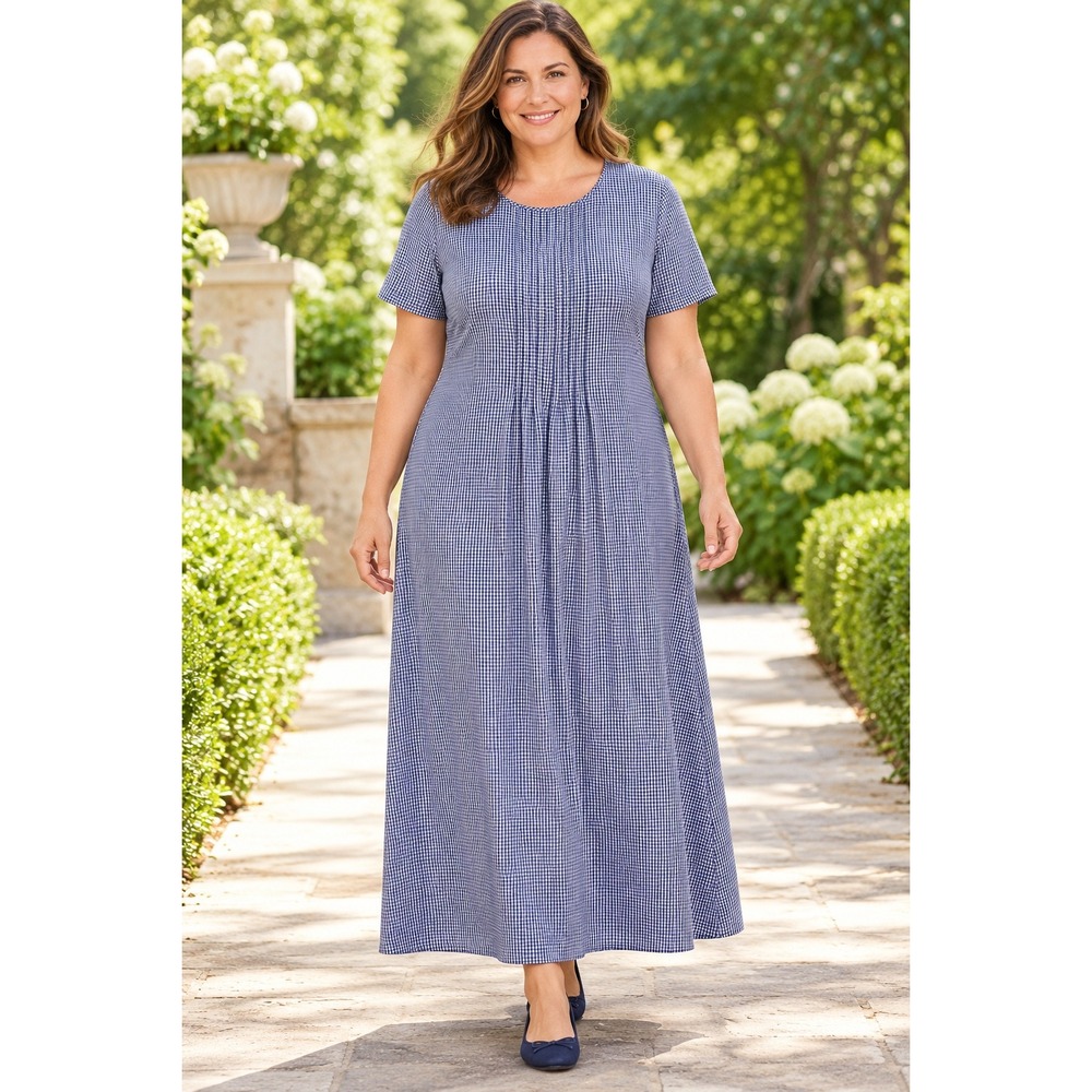 Talbots Blue White Gingham Pintuck Maxi Dress Short Sleeve Size 16 NWT